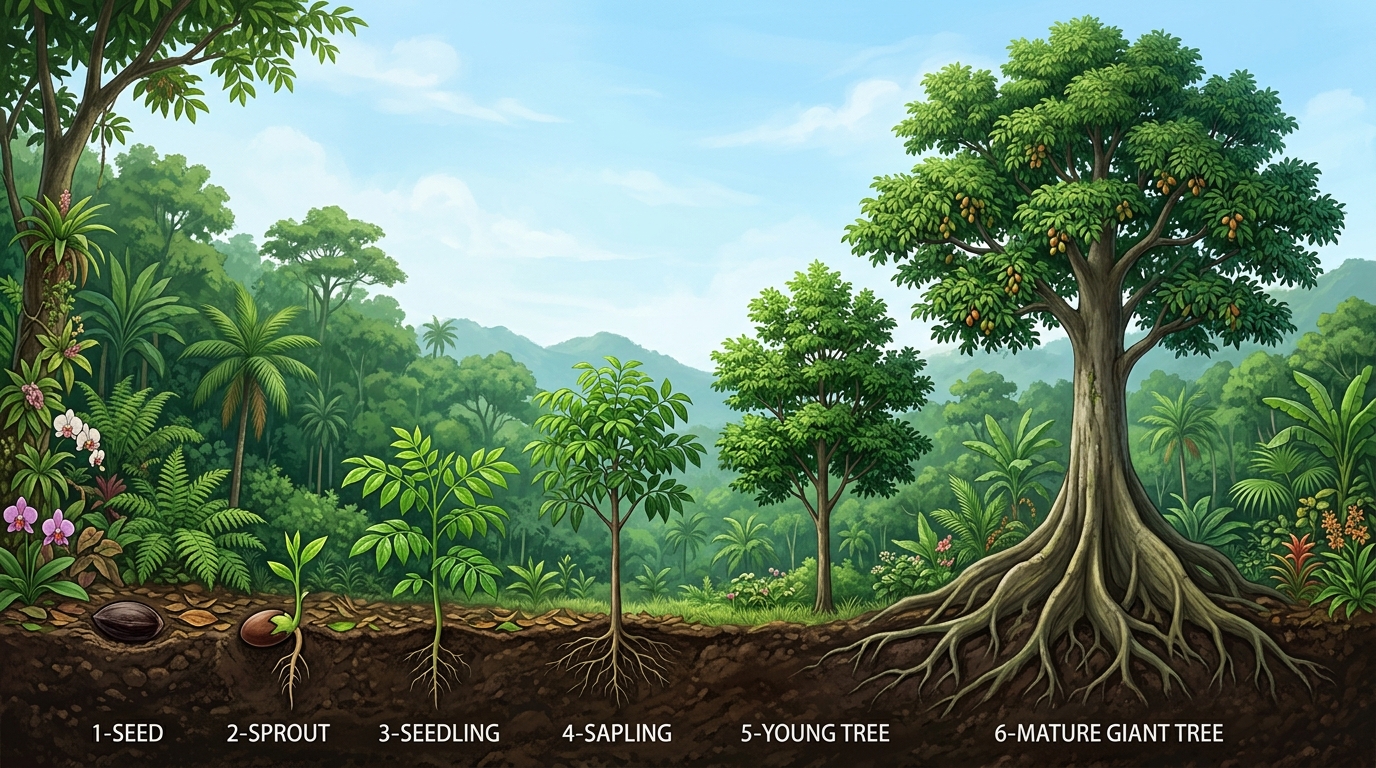 Life Cycle of Canarium: Seed/Fruit, Germination, Seedling, Young Sapling, Developing Tree, Mature Canarium Tree 40-50m